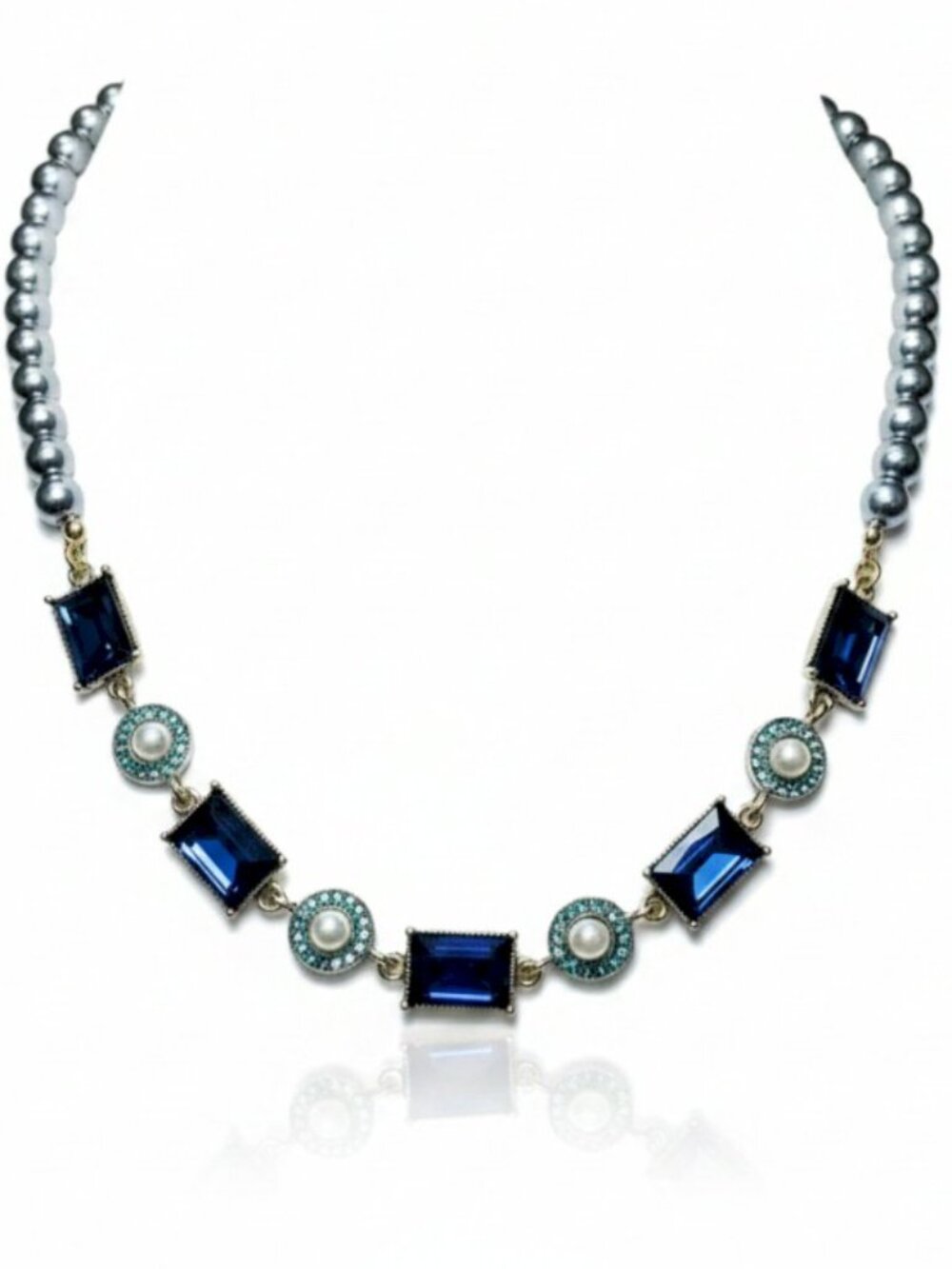 Sapphire Blue Rhinestone Necklace with Gray Pearls